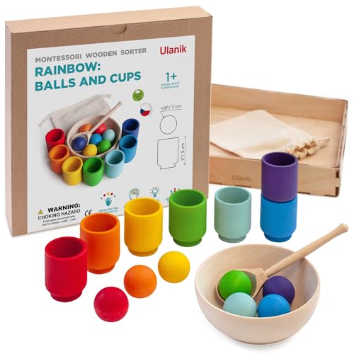 Ulanik Arcobaleno Palle In Tazze Giocattolo Montessori Di Legno Sorter Gioco 7 Palle 30Mm Età 1+ Colore Di Smistamento E Il Conteggio In Età Prescolar