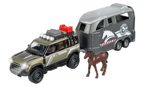 Majorette - Land Rover Defender Con Rimorchio Per Cavalli, 213776000, 3 Anni, Con Luci E Suoni, Pneumatici In Gomma, Parti Apribili, In Scala 1:43