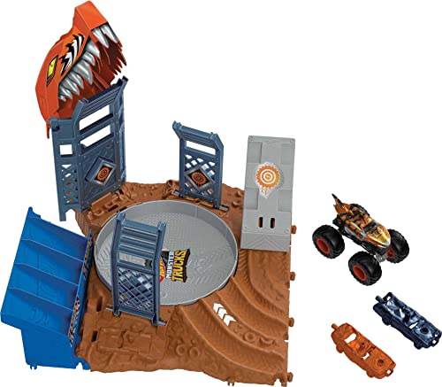 Hot Wheels - Hot Wheels Monster Trucks Arena Degli Scontri, Sfida In Testacoda Con Tiger Shark, Playset Con Un Truck E 2 Macchinine Da Distruggere, Gi