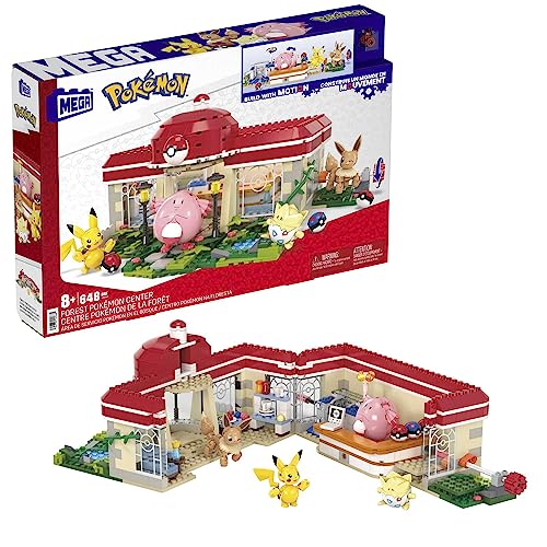 Mega Pokémon - Centro Pokémon, Set Da Costruire Con 648 Pezzi E Sistema Mattoncino Movimento, Include Pikachu, Chansey, Evee E Togepi, Giocattolo Per