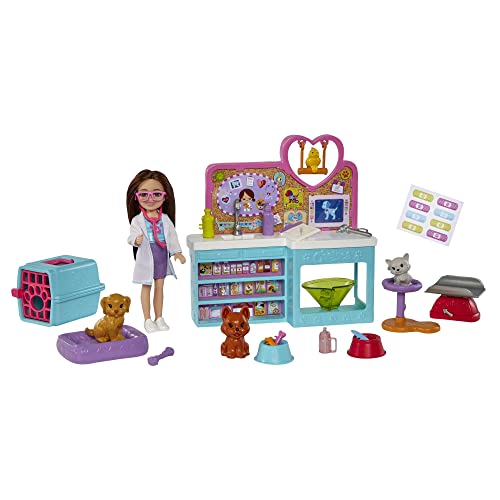 Barbie - Chelsea Studio Veterinario, Bambola Con Due Cuccioli E Tanti Accessori, Giocattolo Per Bambini 3+ Anni, Hgt12