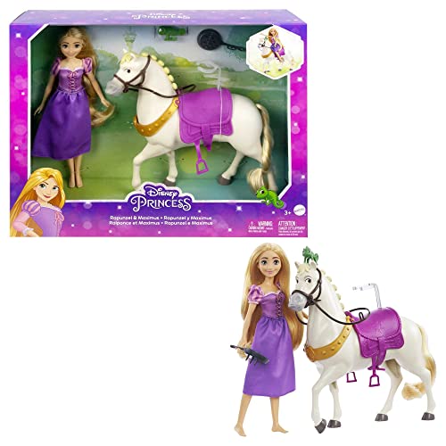 Mattel Disney Princess - Rapunzel E Maximus, Con Pascal, Spazzola E Accessori Da Equitazione, Ispirati Al Film Disney, Giocattolo Per Bambini 3+ Anni,