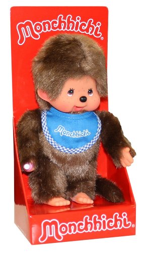 Sekiguchi 255040-Originale Bambino Monchhichi, In Peluche Marrone, Con Bavaglino Blu, Circa 20 Cm, Colore Brown, 255040