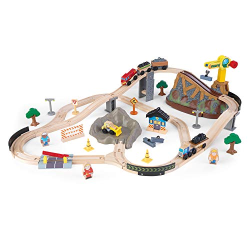 Kidkraft Pista Trenino Bucket Top Construction In Legno Per Bambini Con Contenitori, Gioco Per Veicoli Con Camion Da Cantiere E Gru, Giocattolo Da Tra