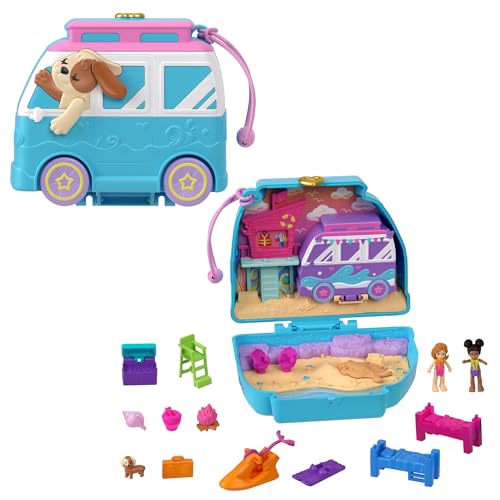 Polly Pocket - Furgoncino Cucciolo Sole E Mare, Playset Da Viaggio Con Esterno Interattivo, 2 Micro Bambole E 12 Accessori Inclusi, 5 Funzionalità Di