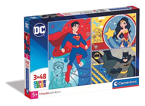 Clementoni- Puzzle Dc Comics 3X48Pzs Supercolor Comics-3X48 (Include 3 48 Pezzi) -Made In Italy, Bambini 4 Anni, Cartoni Animati, Multicolore, Medium,