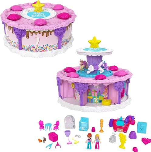 Polly Pocket- Playset Torta Delle Sorprese A Tema Compleanno Con Carosello Di Unicorni E Tanti Accessori, Giocattolo Per Bambini 4+Anni, Gyw06