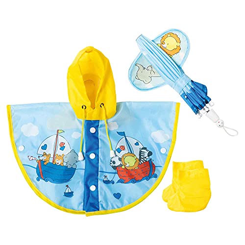 Heless 175-Set Bambole, Motivo: Amanti Della Vela, 3 Pezzi, Con Mantello, Ombrello E Stivali Antipioggia, Misura 28-35 Cm, Colore Azzurro, Giallo, 175