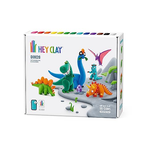 Hey Clay Dinos Set - Colorato Modellazione Bambini - Kit Di Argilla Asciutta All'Aria - 15 Lattine E Strumenti Per Scolpire Con Divertenti Istruzioni