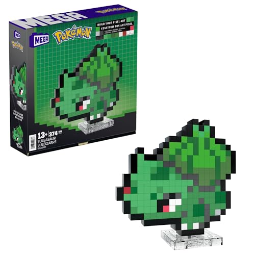Mega Pokémon Showcase - Bulbasaur, Set In Stile Retrò Pixelato Da Costruire Con 374 Pezzi, Con Base Piana Per Esporlo E Incisione Sul Retro Per Append