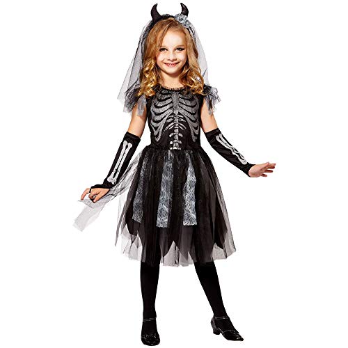 "Skeledev Bride" (Dress, Fingerless Gloves, Bridal Veil With Horns) - (140 Cm / 8-10 Years)