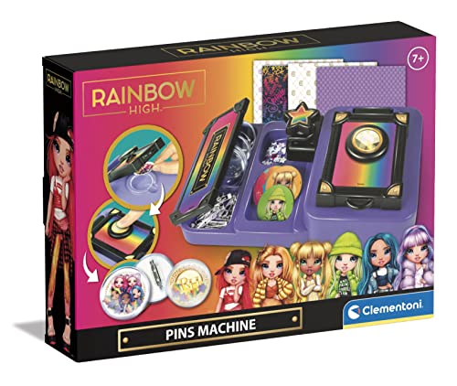 Clementoni Rainbow High-Pins Machine-Set Macchina Per Creare Spille Personalizzate, Gioco Creativo Bambina 7 Anni-Made In Italy, Multicolore, 18726