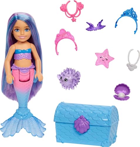 Barbie - Barbie Sirene Chelsea Bambola Sirena Con Capelli Blu E Viola E 2 Animaletti, Forziere E Accessori, Giocattolo Per Bambini 3+ Anni, Hhg57