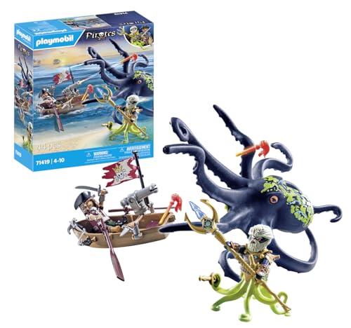 Playmobil Pirates 71419 Pirata Contro Piovra Gigante, Pirati Contro Deepers, La Piovra Ha Una Vera Funzione Di Spruzzo D'Acqua, Con Molti Accessori, G