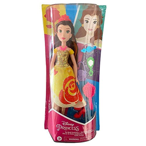 Disney Princess - Belle (Bambola Fashion Con Abito Dai Colori Vivaci E Stampe Audaci, Con Spazzola E Accessori Per Capelli, Serie Be Bright, Be Bold)