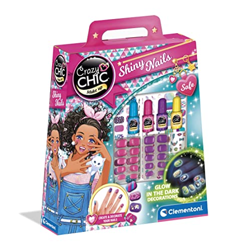 Clementoni- Crazy Chic-Shiny Nails-Kit Finte, Set Bambina 6 Anni Decora Unghie Fluorescenti, Trousse Smalti, Regalo Per Manicure, Gioco Creativo, Mult