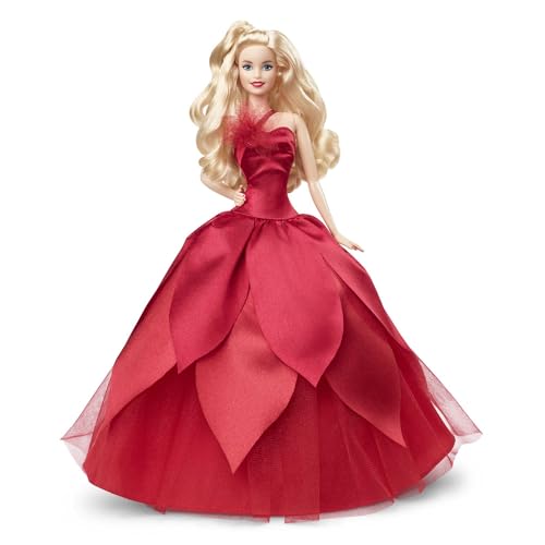 Barbie - Signature Magia Delle Feste 2022 Bambola Bionda, Capelli Ondulati, Abito Rosso Con Ampia Gonna E Orecchini Pendenti, Da Collezione, Giocattol