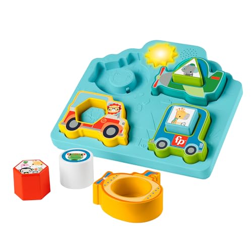 Fisher-Price - Veicolo Cercaforme Sonori, Puzzle 2 In 1 Con Veicoli E Pezzi A Tema Animale, Include Musica E Suoni Per Stimolare Le Capacità Motorie,