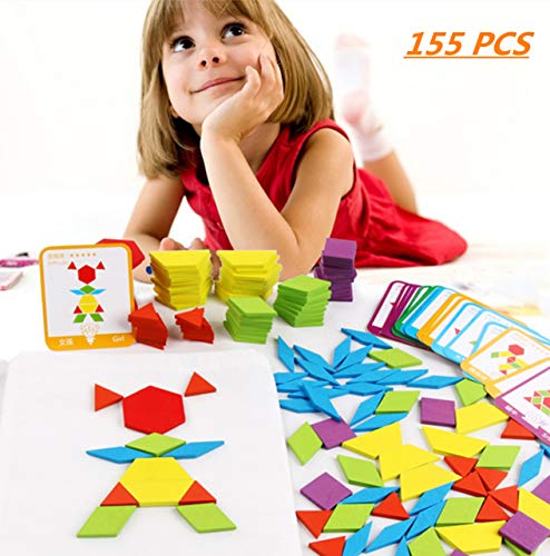 Fishshop Blocchi Di Legno Classico Educativo Giocattoli Montessori Set Di Tangram Per Bambini Con 155 Pezzi Di Forma Geometrica E 24 Schede Di Progett