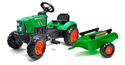 Falk- Trattore A Pedali Supercharger Rosso Con Coperchio Apribile E Rimorchio, Colore Verde, 2031Ab