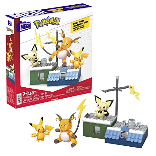 Mega Pokémon - Set Evoluzione Di Pikachu, Set Da Costruire Con 159 Pezzi E I 3 Personaggi Pichu, Pikachu E Raichu Inclusi, Giocattolo Per Bambini, 7+ 