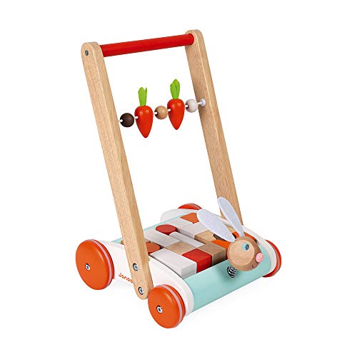 Janod - Carrello Janod Coniglio - Carrello Primi Passi In Legno A Spinta - Testa Di Coniglio Su Molla, Carote Su Pallottoliere - Con 19 Cubi Di Legno