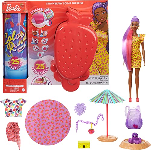 Barbie Color Reveal, Bambola Cambia Colore Con Cucciolo E 25 Soprese A Tema Schiuma Party Al Profumo Di Fragola, Giocattolo Per Bambini 3+Anni, Gtn18