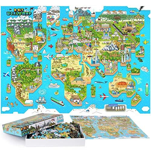 Puzzle Mappamondo Bambini 180 Pezzi - Puzzle Mappa Del Mondo Con Cartina Geografica 8 Bit Pixel Art - Puzzle Mondo Con Mappa Di Opere D'Arte - Idee Re