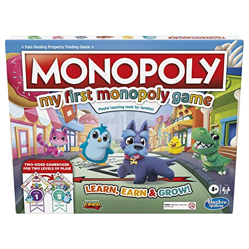 Monopoly My First Monopoly Game, Gioco Da Tavolo Per Bambini Dai 4 Anni In Su 2 Lati, Strumenti Di Insegnamento Giocoso Per Famiglie, Multicolore