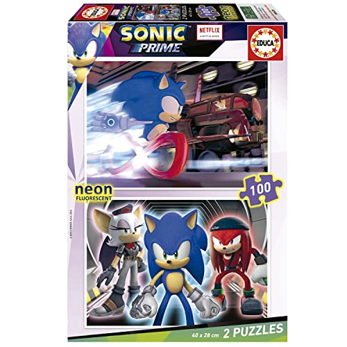 Educa - Sonic Prime Neon | Set Di 2 Puzzle Per Bambini Con 100 Pezzi Che Brillano Al Buio. Misura Una Volta Montato: 40 X 28 Cm. Composto Da Pezzi Di 