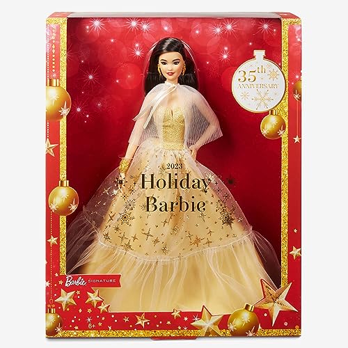 Barbie Signature - Barbie Magia Delle Feste 2023, Bambola Da Collezione Con Capelli Lisci Neri E Abito Dorato, Confezione Da Esporre, Regalo Per Le Fe