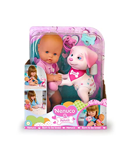 Nenuco - Petuco, Bambola Corpo Rigido 35 Cm, Con Il Cucciolo Petuco, Possono Bere E Fare Pipì Nel Pannolino, Con Ciuccio E Biberon, Famosa 700017204
