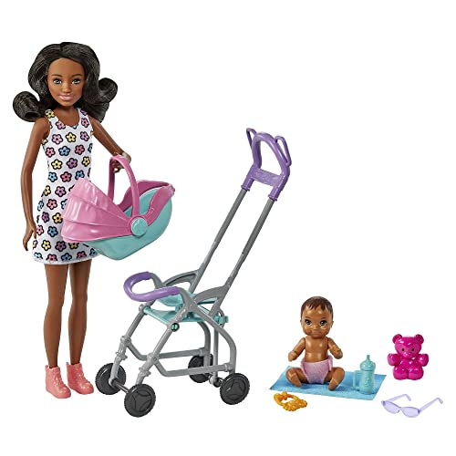 Barbie - Skipper Babysitter Playset Con Bambola Babysitter Con Capelli Castani Ricci, Passeggino, Bebè E 5 Accessori, Giocattolo Per Bambini 3+ Anni, 
