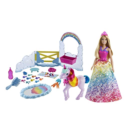 Barbie Dreamtopia Playset Unicorno Con Barbie Principessa, Unicorno Con Effetto Cambia-Colore E 18 Accessori, Regalo Per Bambini Da 3 A 7 Anni, Gtg01