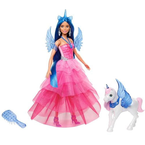 Barbie - Unicorno, Bambola Celebrativa Del 65° Anniversario Con Abito Rosa E Capelli Blu, Cucciolo Di Liocorno, Ali Di Zaffiro E Accessori Inclusi, Gi