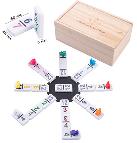 Engelhart - Scatola Di Domino Del Treno Messicano Numeri/Classica - Buona Qualità - Doppia 12 - Da 2 A 8 Giocatori - 55 Domino Spessi E Colorati - 8 M
