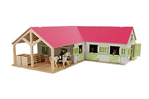 Kids Globe Farming Riding Farm Pink Farm Horse Stable Wooden 1:24 With 3 Boxes Toy Horse Farm With Practical Folding Roof, For All Standard Animal Fig