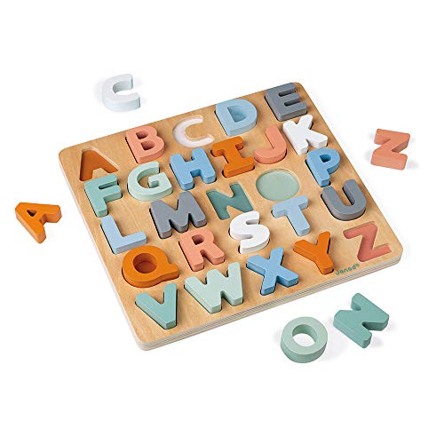 Janod - Puzzle Alfabeto In Legno 26 Pezzi - Collezione Sweet Cocoon - Giocattolo Didattico E Prima Infanzia Dipinto Ad Acqua - Imparare L'Alfabeto E L