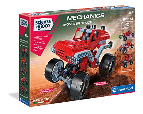 Clementoni- Laboratorio Di Meccanica-Monster Trucks Science Museum Gioco Di Construzioni, Multicolore, 19087