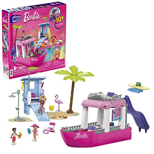 Mega Barbie - Barca Dei Sogni Di Malibu, Playset Da Costruire Da 317 Pezzi, Include 3 Mini Bambole, 2 Cuccioli E Tanti Accessori, Giocattolo Per Bambi
