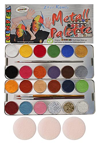 Eulenspiegel 224205 - Palette Di Trucchi In Metallo Con 21 Colori Opachi, 3 Glitterati E 3 Pennelli