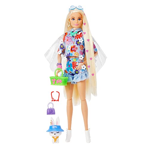 Barbie-Extra Bambola N.12 Snodata Con Lunghissimi Capelli Biondi Con Cuoricini Con Completo Floreale, Coniglietto E Accessori, Giocattolo Per Bambini