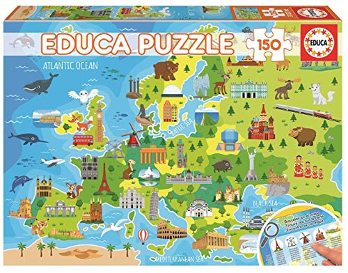 Educa - Puzzle Da 150 Pezzi Per Bambini | Mappa Dell'Europa. Misura: 48 X 34 Cm. Composto Da Pezzi Di Grandi Dimensioni. Da 6 Anni (18607)