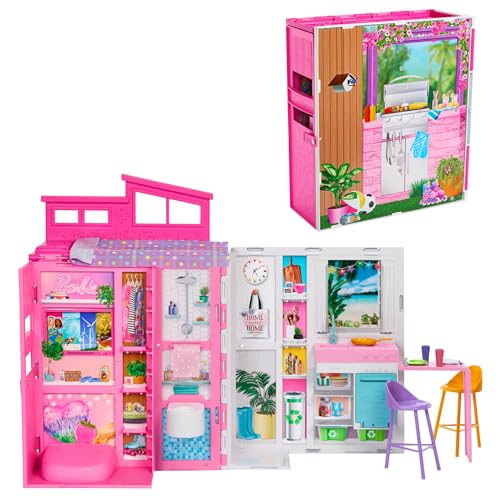 Barbie - Casa Delle Vacanze, Playset Con 4 Aree Di Gioco E 11 Accessori Decorativi Inclusi, Con Cucina, Bagno Camera Da Letto E Soggiorno, Giocattolo