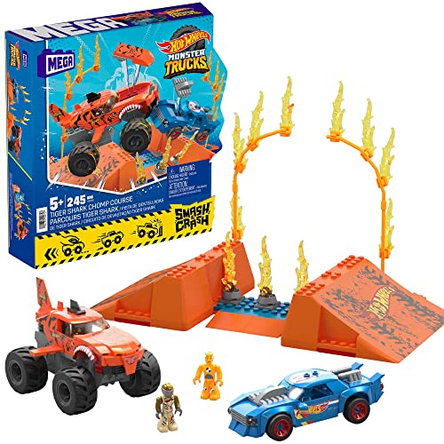 Mega Hot Wheels - Tiger Shark Super Scontri, Set Da Costruire Da 226 Pezzi, Con Cofano Che Si Stacca All'Impatto E 1 Personaggio Pilota Snodato Inclus