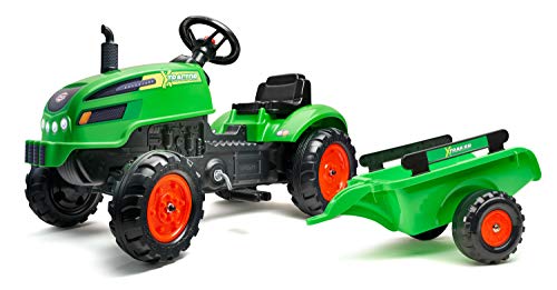 Falk 2048Ab - Trattore A Pedali X-Tractor Con Rimorchio, A Partire Da 2 Anni, Fabbricato In Francia, Con Cofano Apribile, Volante Direzionale Con Clac