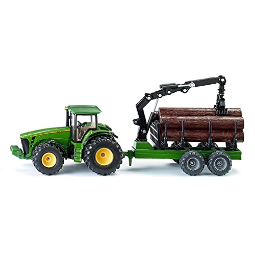 Siku 1954, Trattore John Deere Con Rimorchio Forestale, 1:50, Metallo E Plastica, Verde, Braccio E Pinza Completamente Operativi