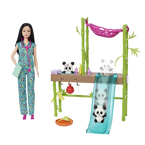 Barbie - Barbie Centro Veterinario Dei Panda Playset Con Bambola E Accessori, 2 Panda Con Trasformazione Cambia Colore E 20+ Pezzi, Giocattolo Per Bam