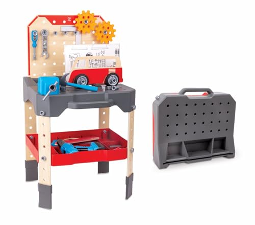 Hape- Junior Inventor Banco Da Lavoro Officina Con Utensili Per Gioco Di Ruolo Piccolo Meccanico, Multicolore, Bambino, E3036