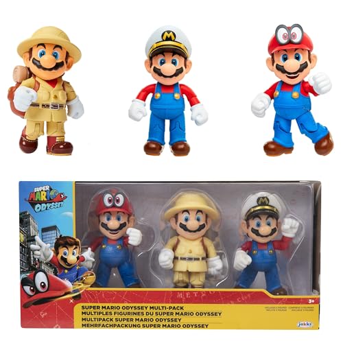 Nintendo Super Mario Odyssey – 3 Action Figure Di Super Mario (Capitan Mario, Explorer Mario E Mario Cappy) Alte 10 Cm, Dotate Di 11 Punti Di Articola